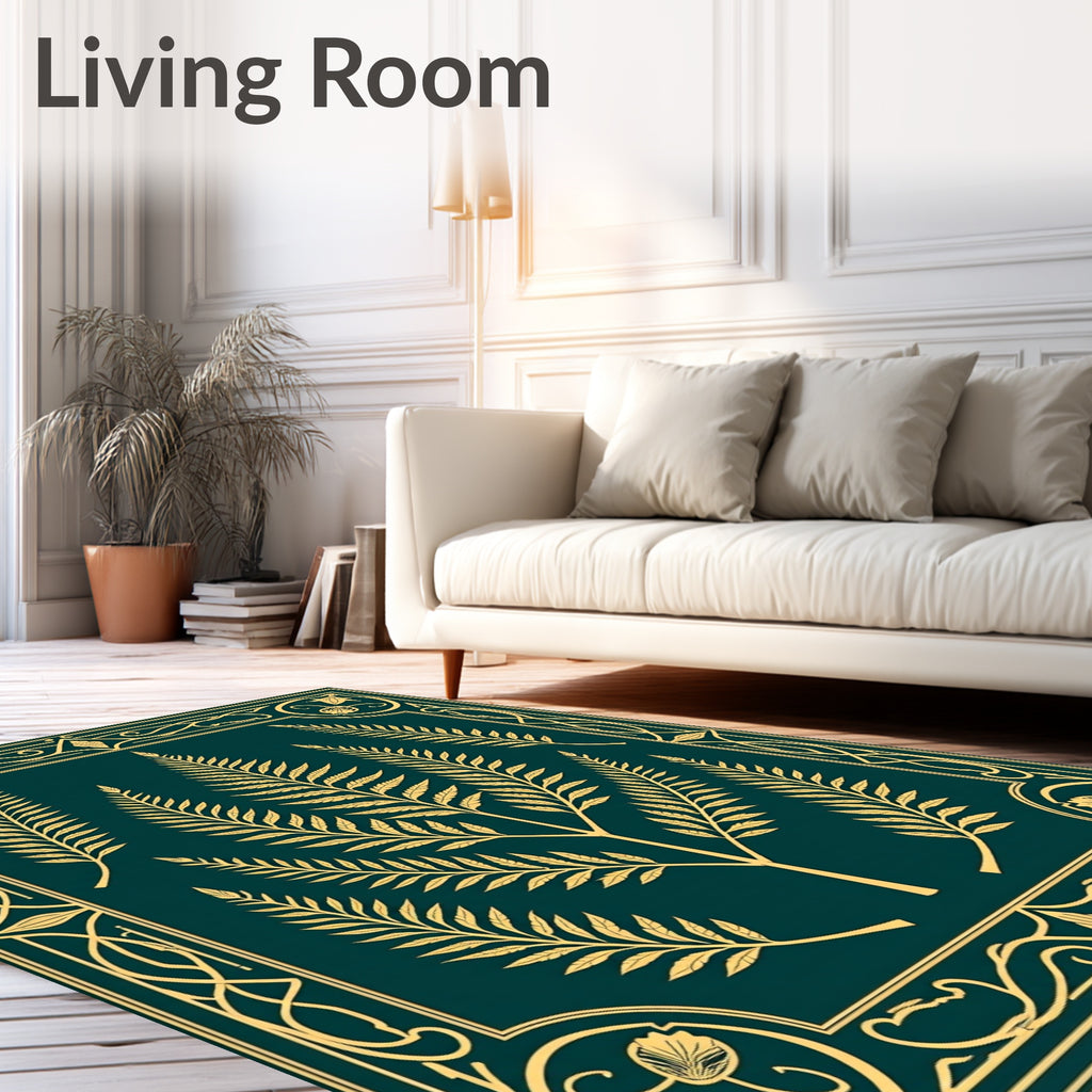 Gold Fern Swirls Green Frame Rug