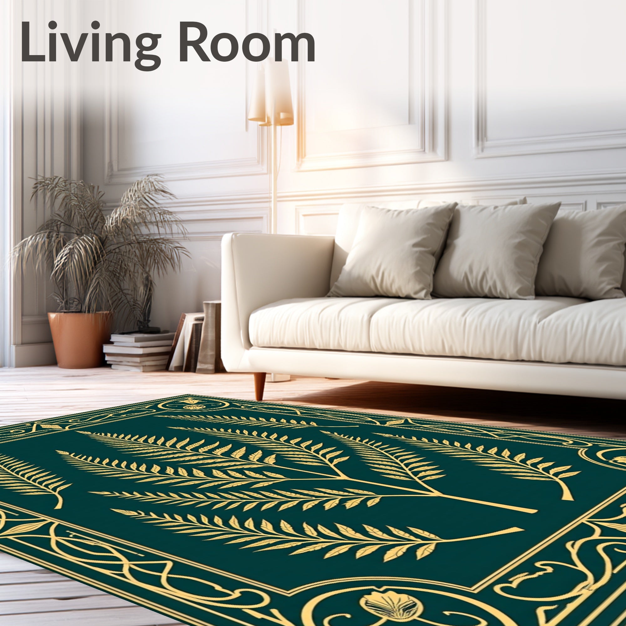 Gold Fern Swirls Green Frame Rug