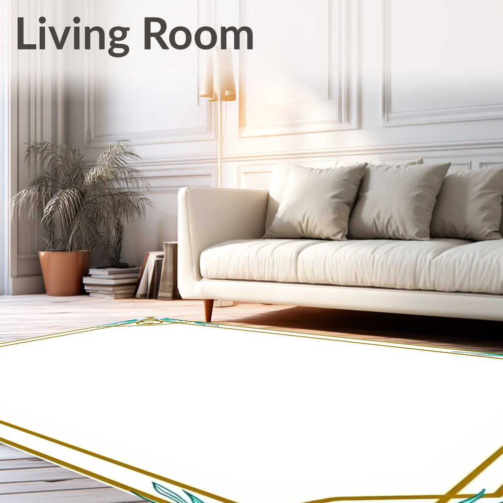 Golden Teal Leaf Corner Frame Rug