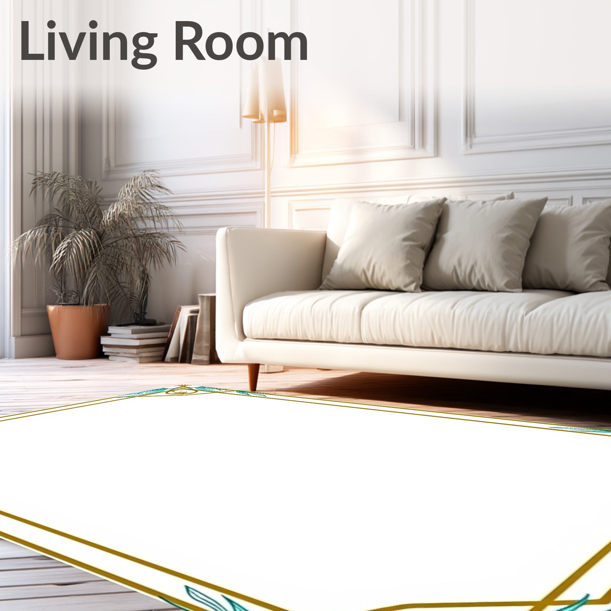 Golden Teal Leaf Corner Frame Rug