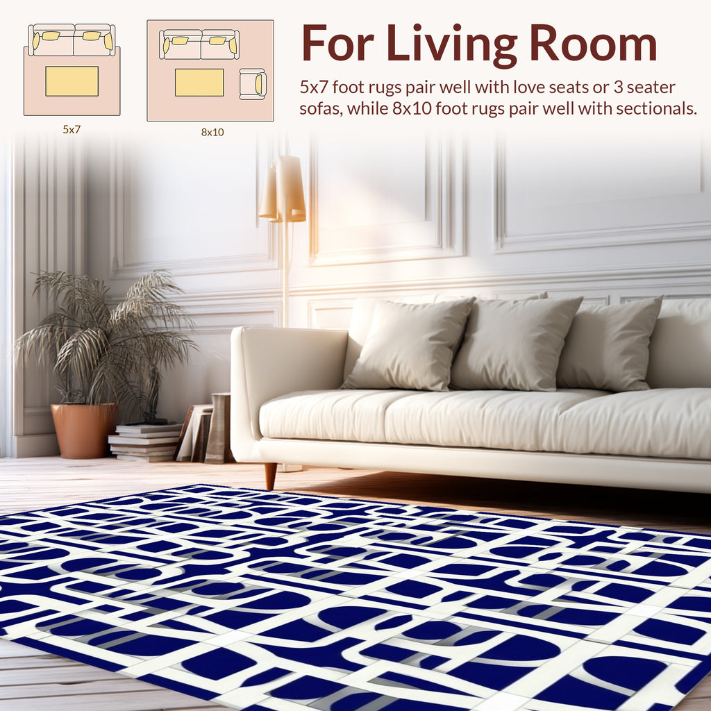 Navy White Interlocking Abstract Design Rug