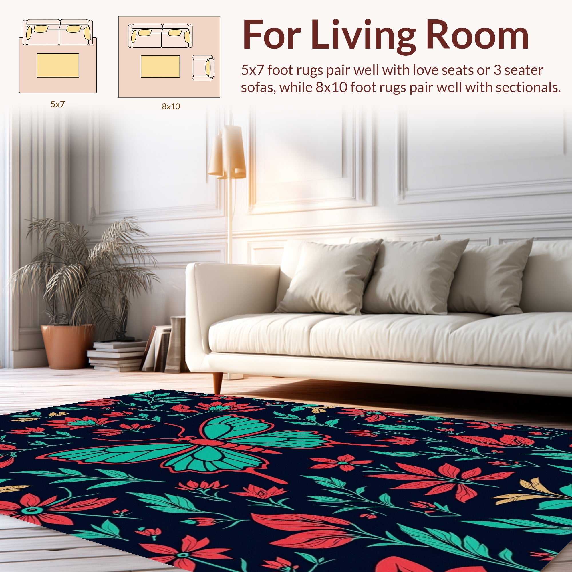 Floral Butterfly Teal Coral Pattern Rug