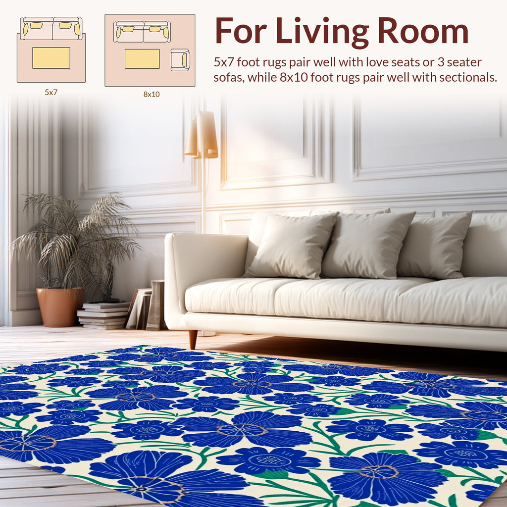 Vibrant Blue Floral Pattern Rug