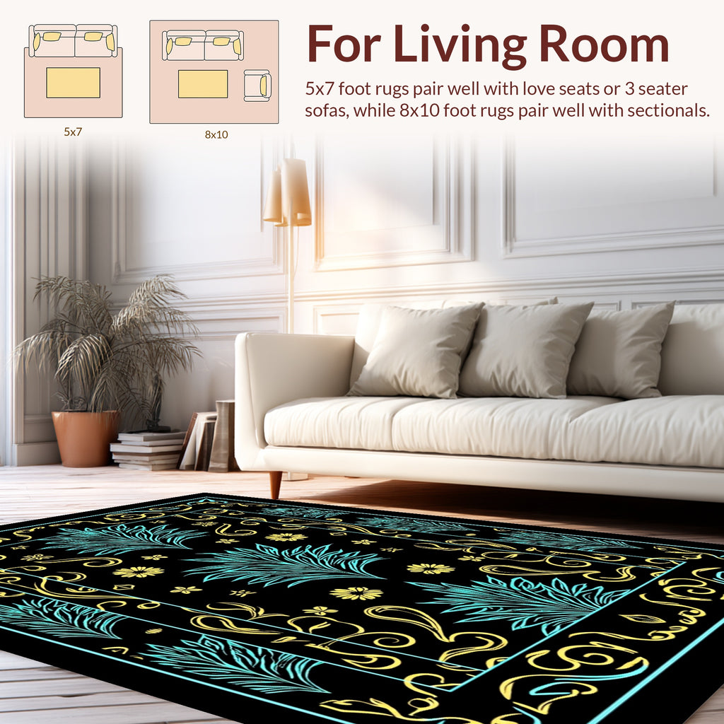 Bold Floral Swirls Turquoise Gold Design Rug