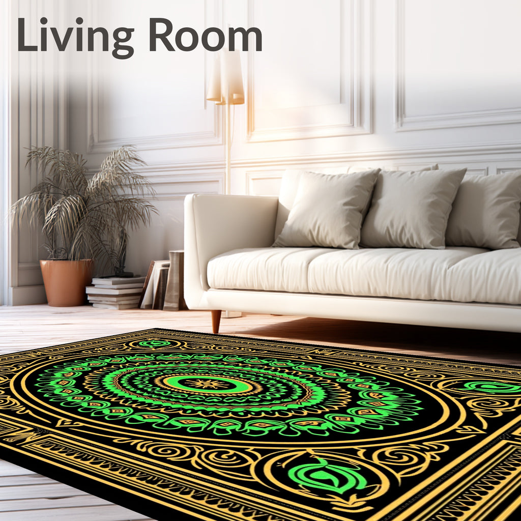 Ornate Green Gold Mandala Border Rug