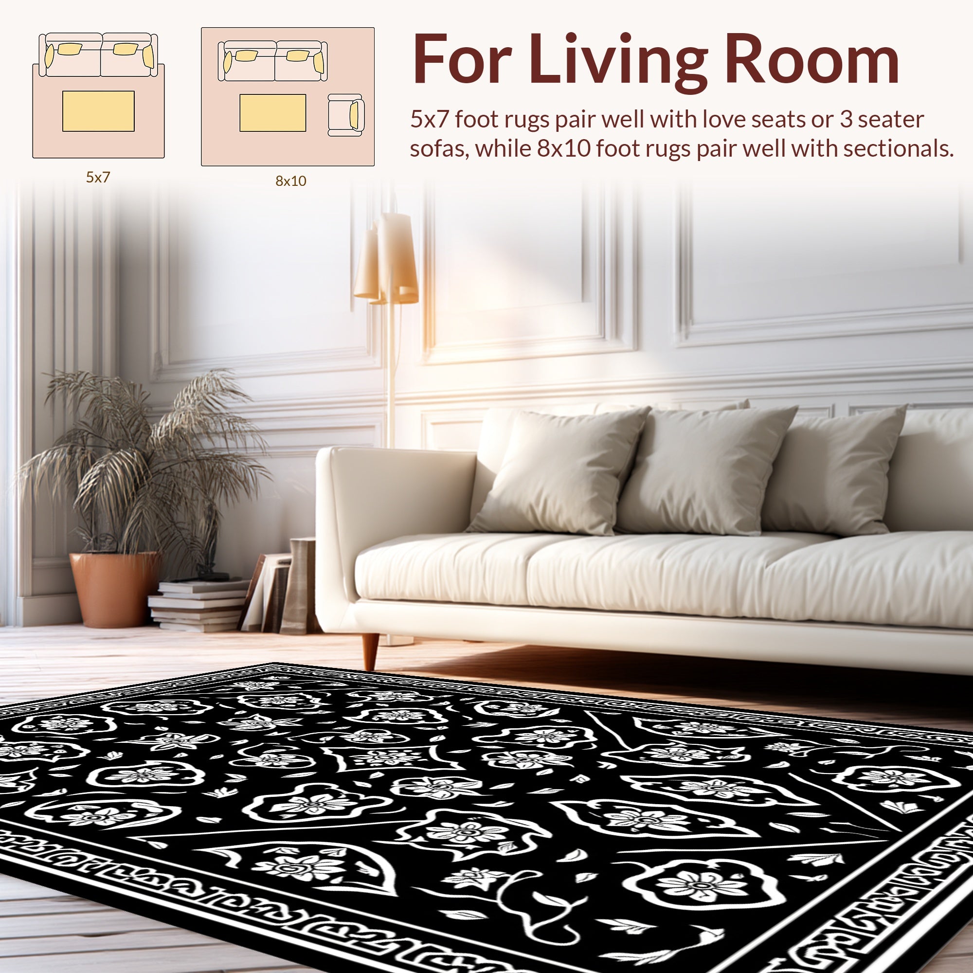 Elegant Floral Vine Black White Rug