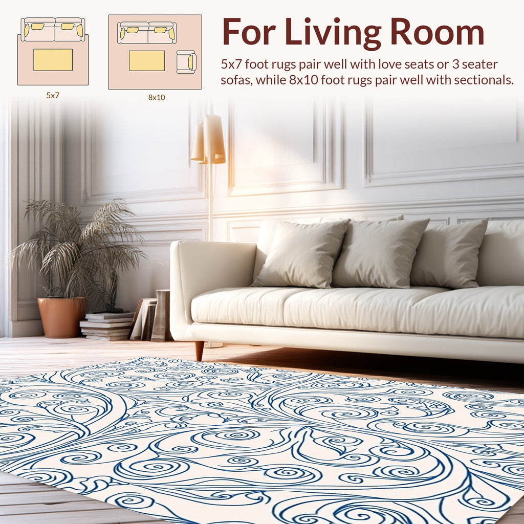 Classic Blue Scrollwork Floral Design Rug