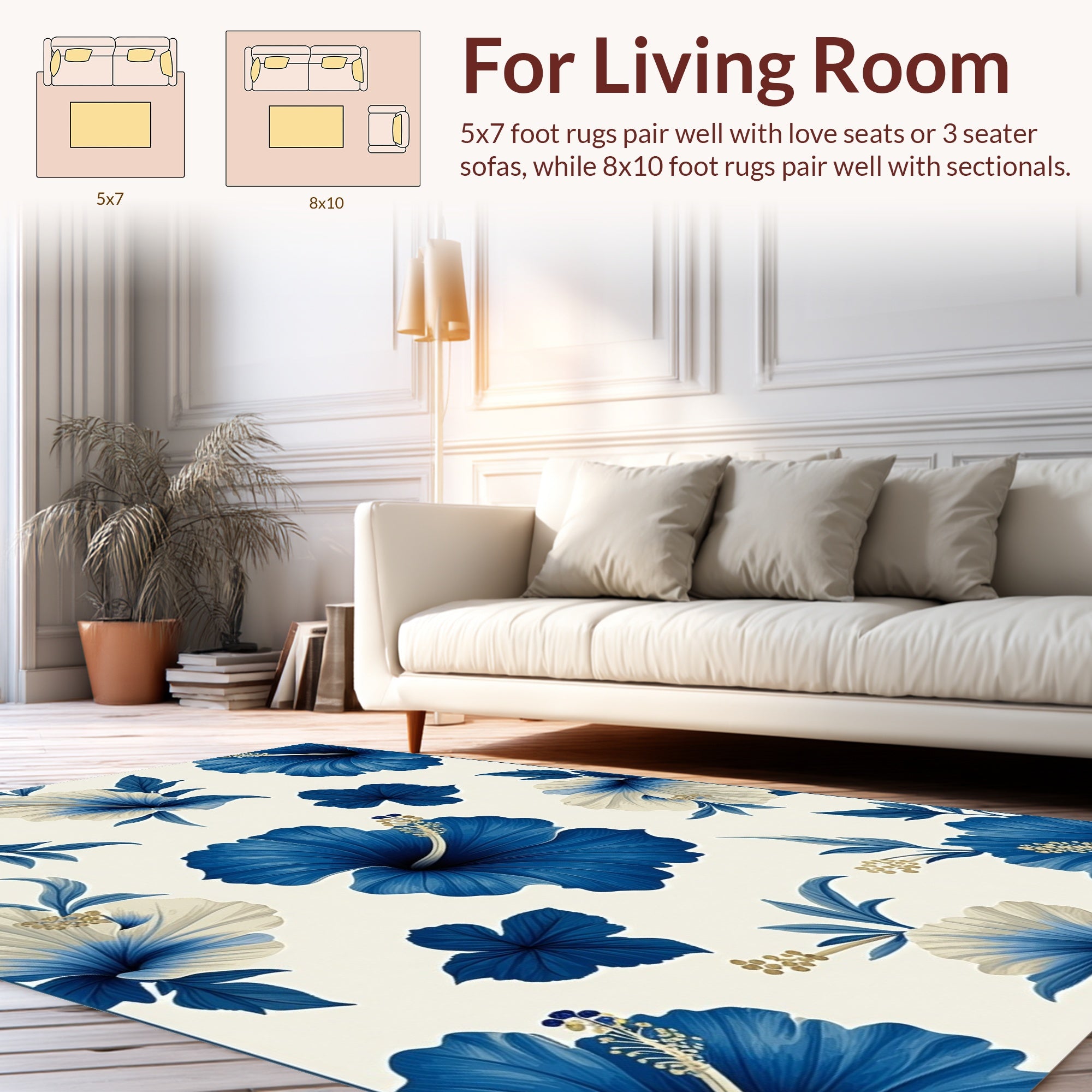 Blue Floral Hibiscus Pattern Rug