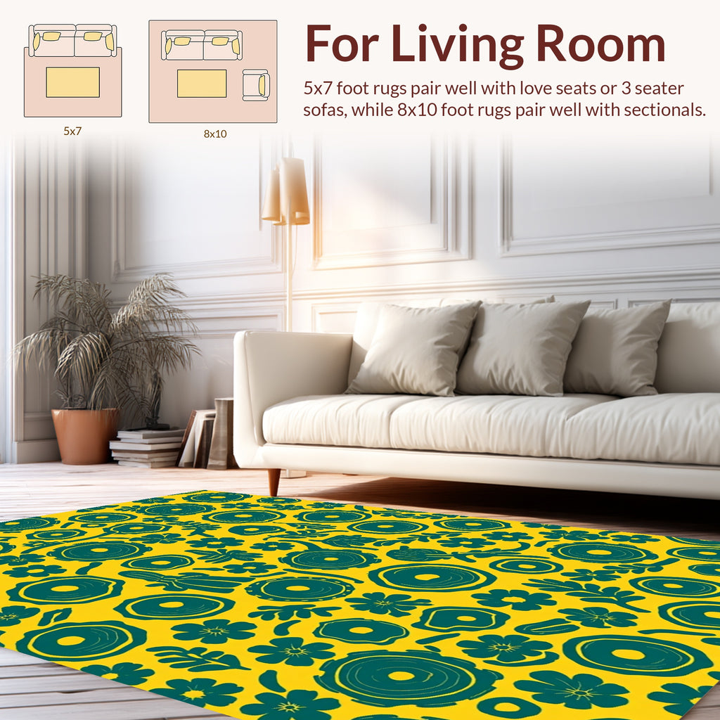 Abstract Teal Floral Round Pattern Rug