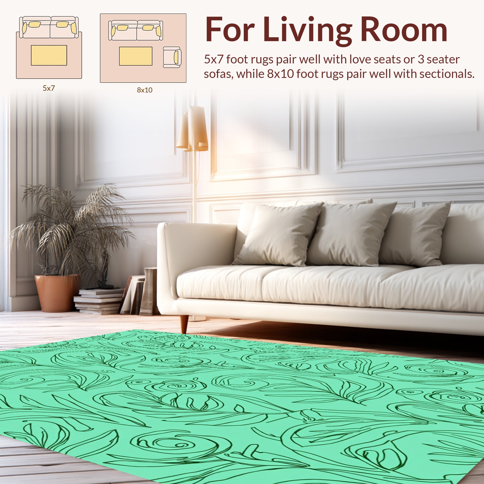 Teal Leafy Swirl Line Art Rug