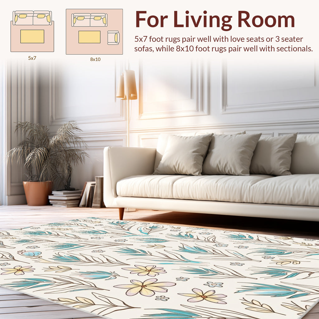 Botanical Line Art Floral Pattern Rug