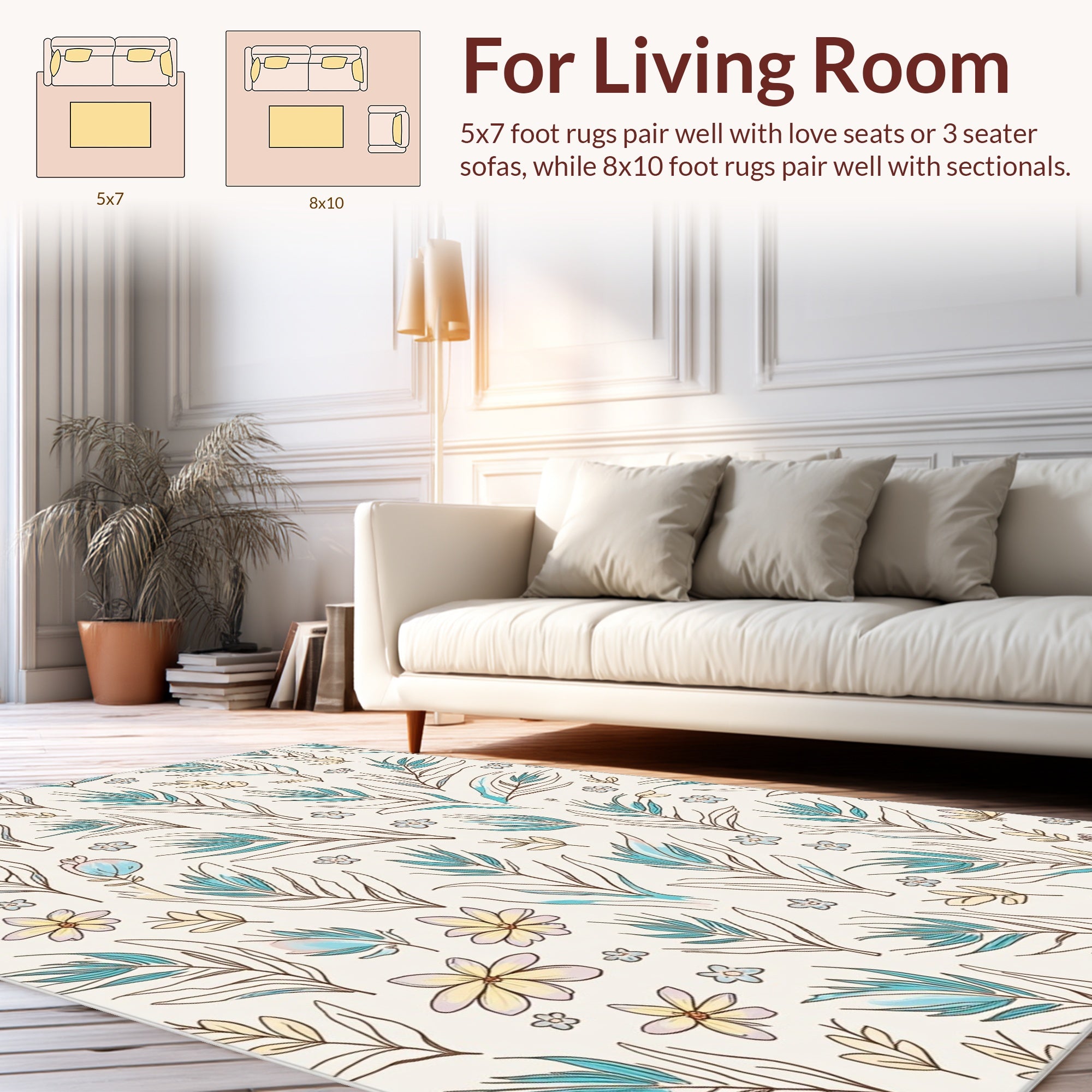 Botanical Line Art Floral Pattern Rug