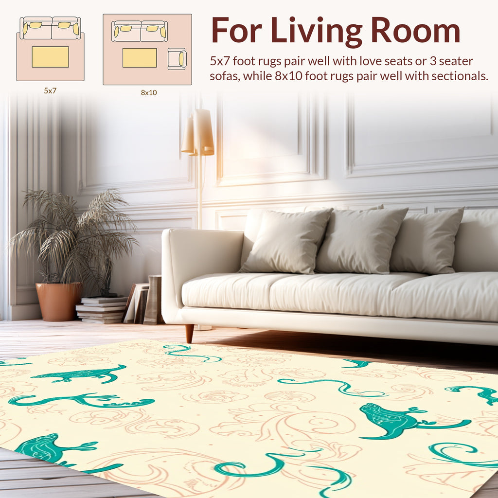 Frolicking Creatures Teal Floral Pattern Rug