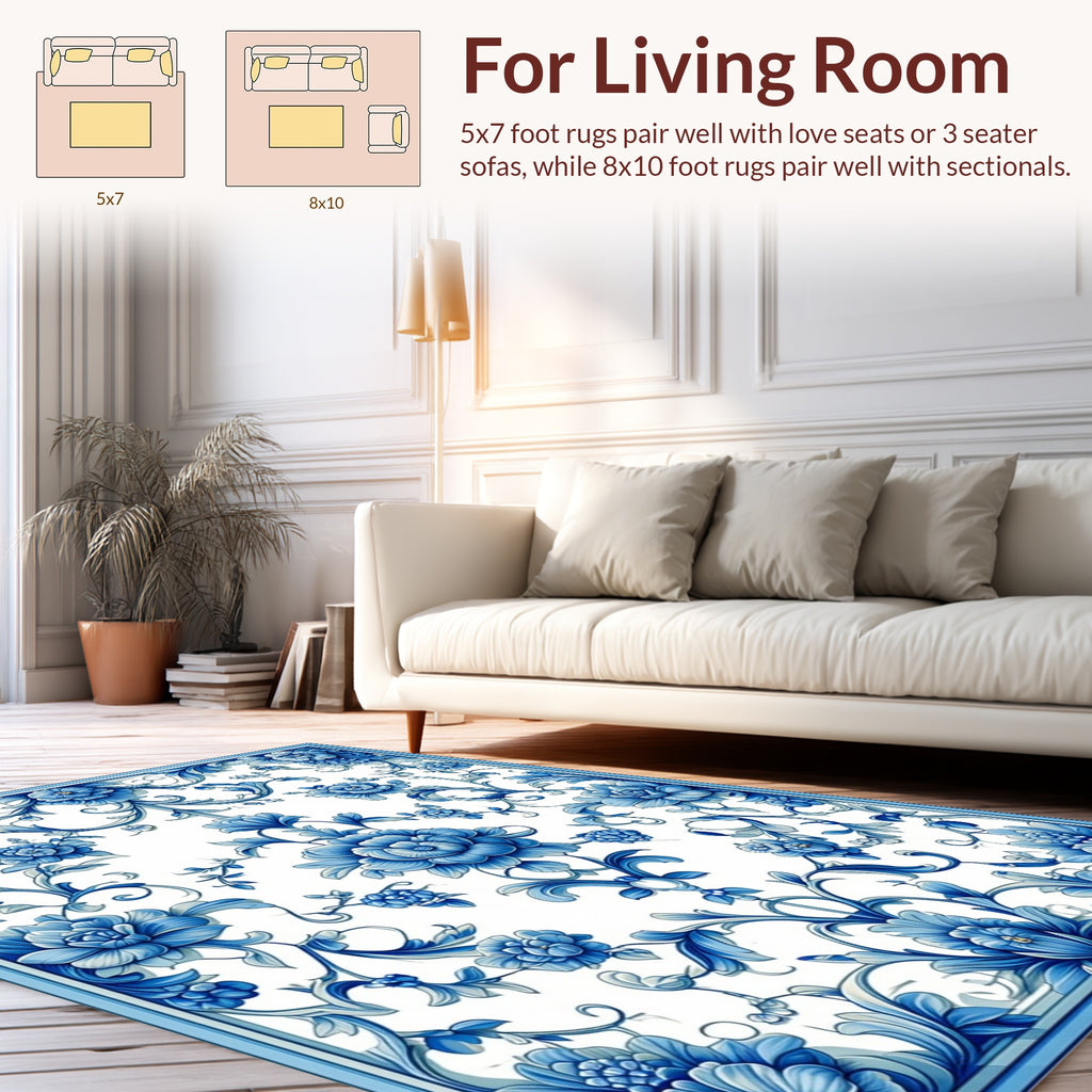 Blue Floral Porcelain Style Pattern Rug