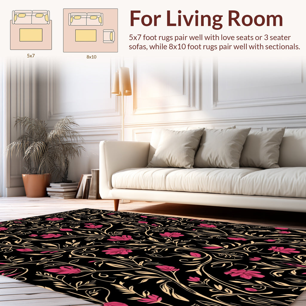 Black Floral Vines Pattern Rug