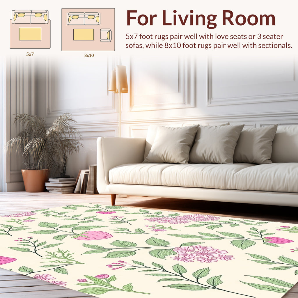 Whimsical Pink Strawberry Floral Leaf Pattern Rug