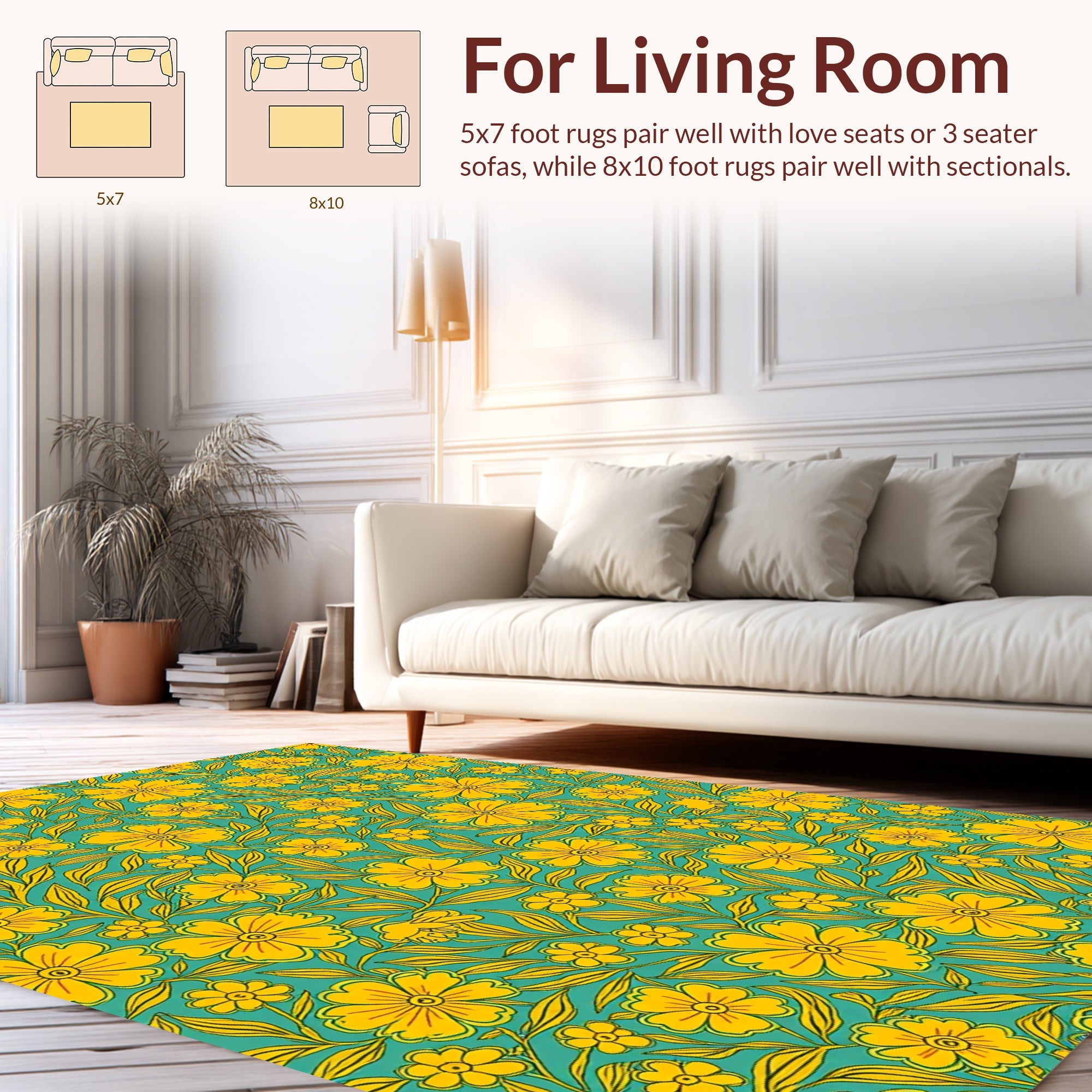 Yellow Floral Vines Teal Design Rug