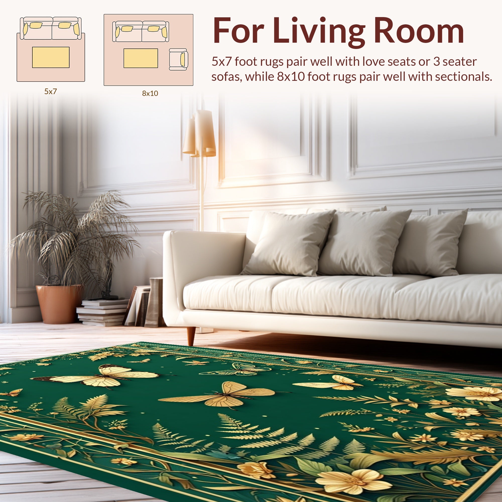 Emerald Green Golden Butterfly Garden Rug