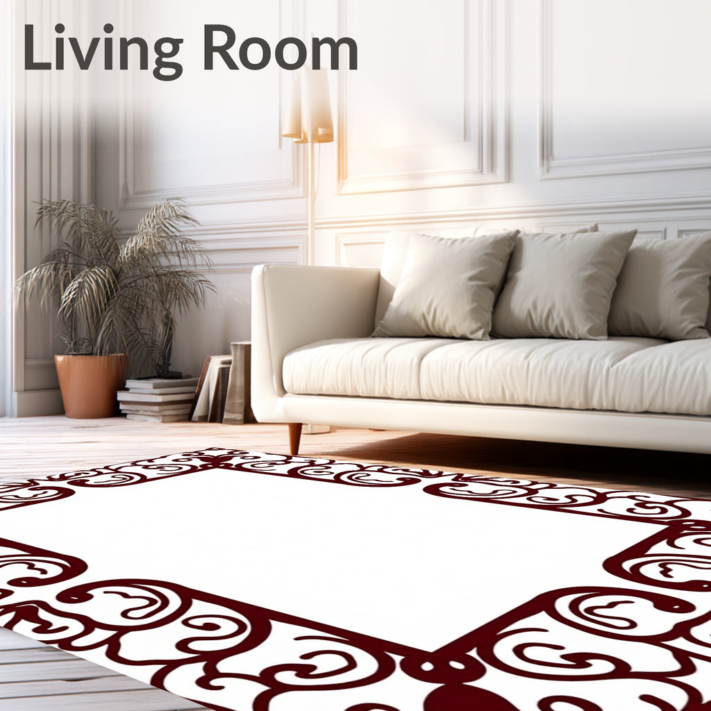 Crimson Swirl Scrollwork Frame Rug