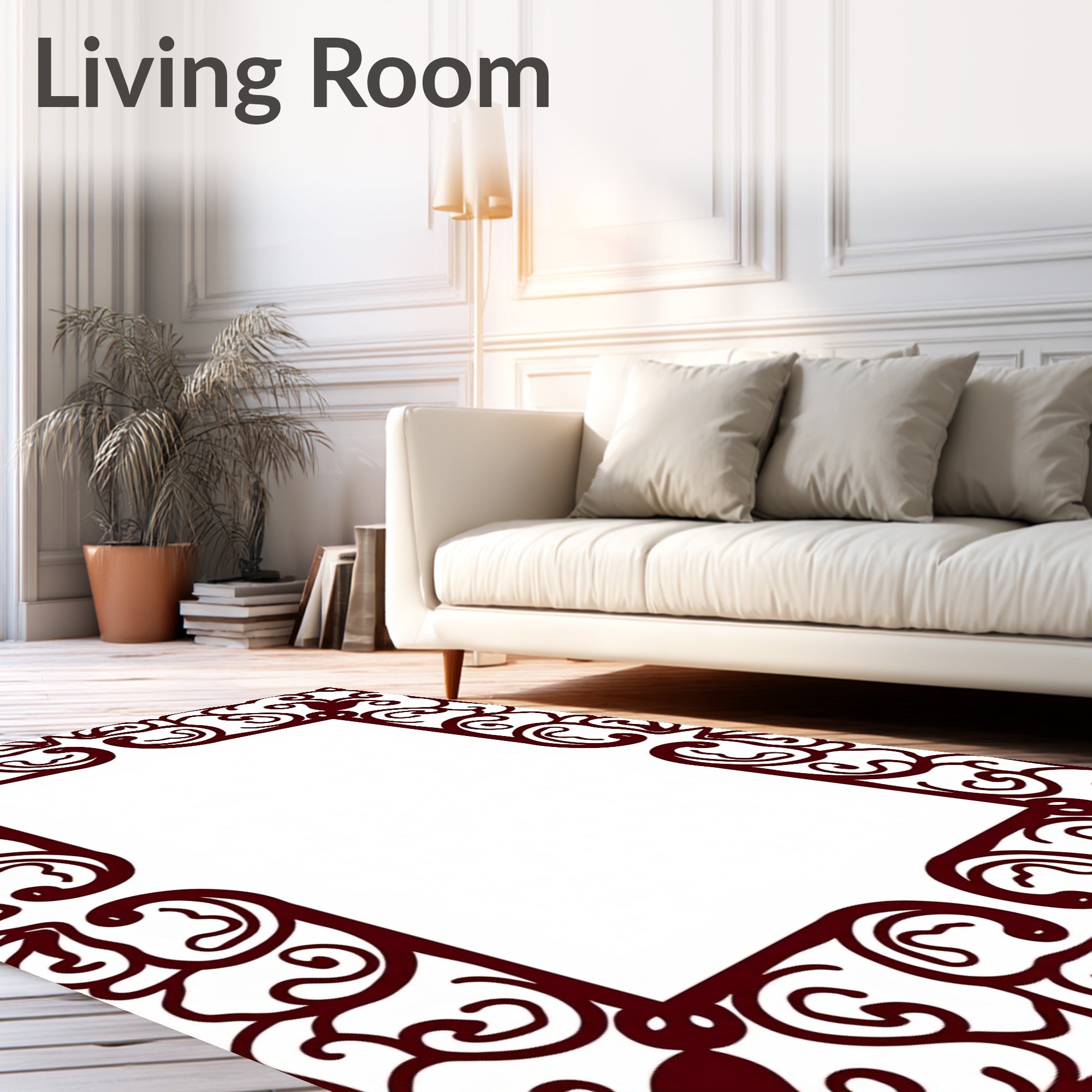 Crimson Swirl Scrollwork Frame Rug