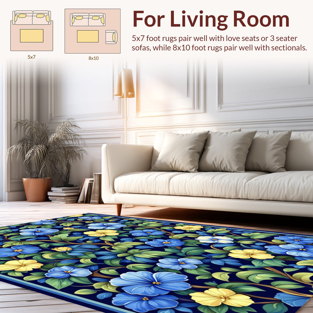 Vibrant Blue Yellow Floral Vines Rug