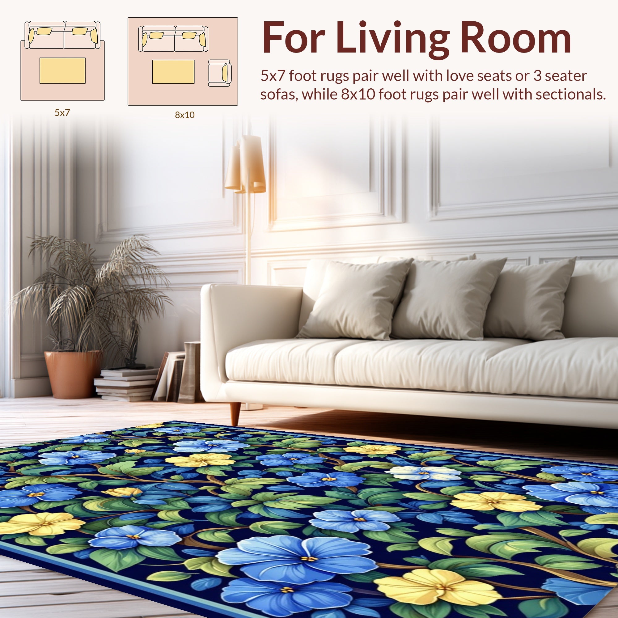 Vibrant Blue Yellow Floral Vines Rug