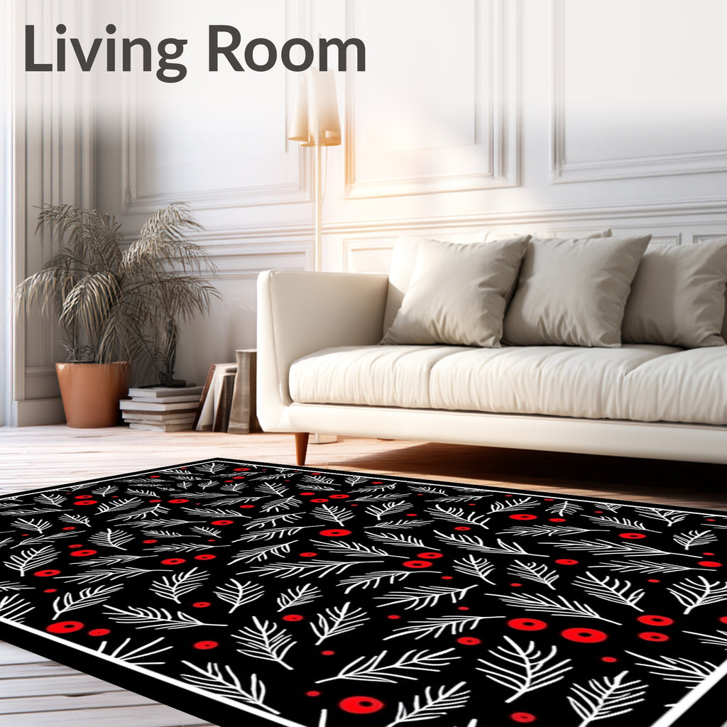 Black White Red Leafy Branch Circles Rug