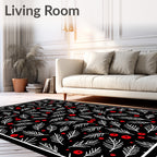 Black White Red Leafy Branch Circles Rug
