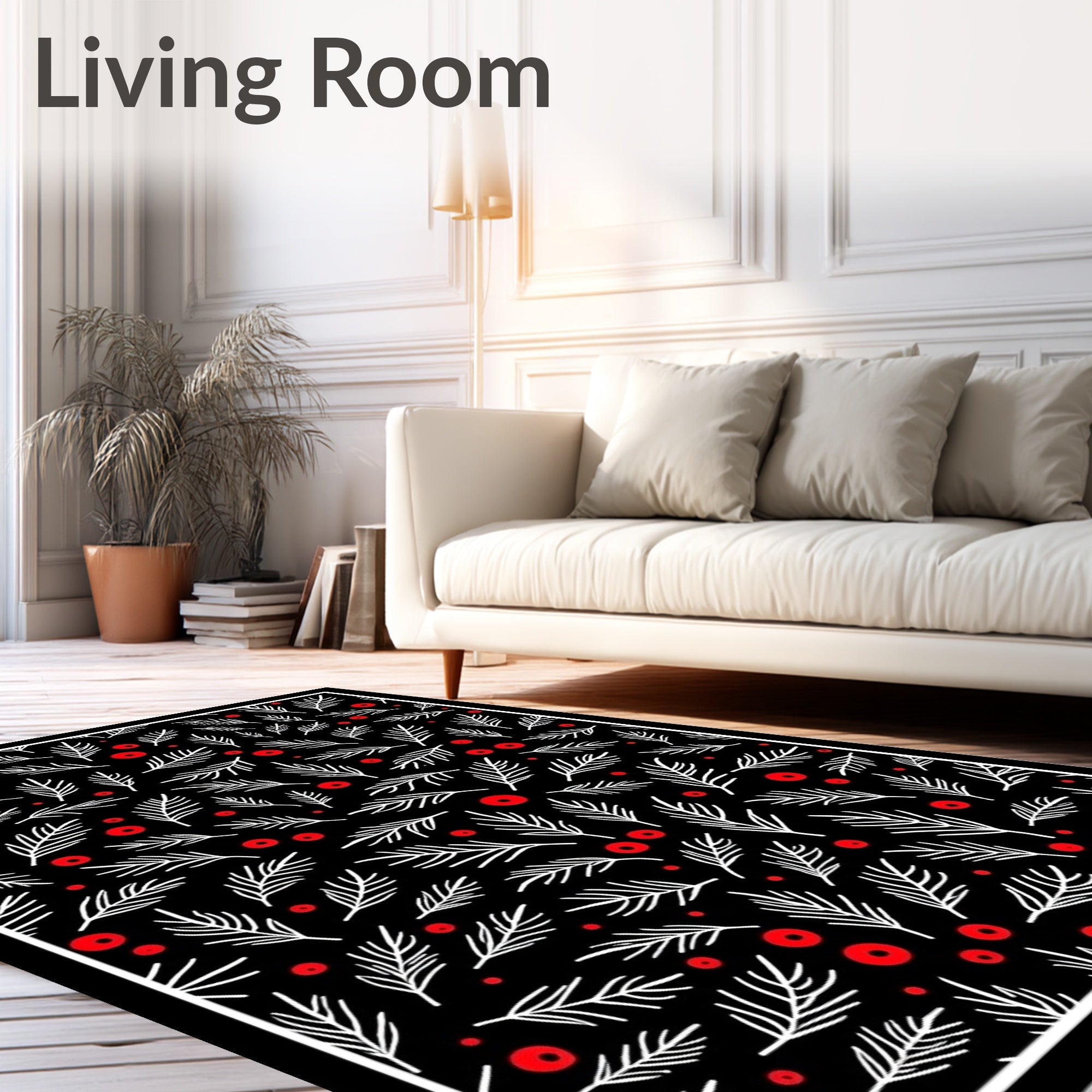 Black White Red Leafy Branch Circles Rug