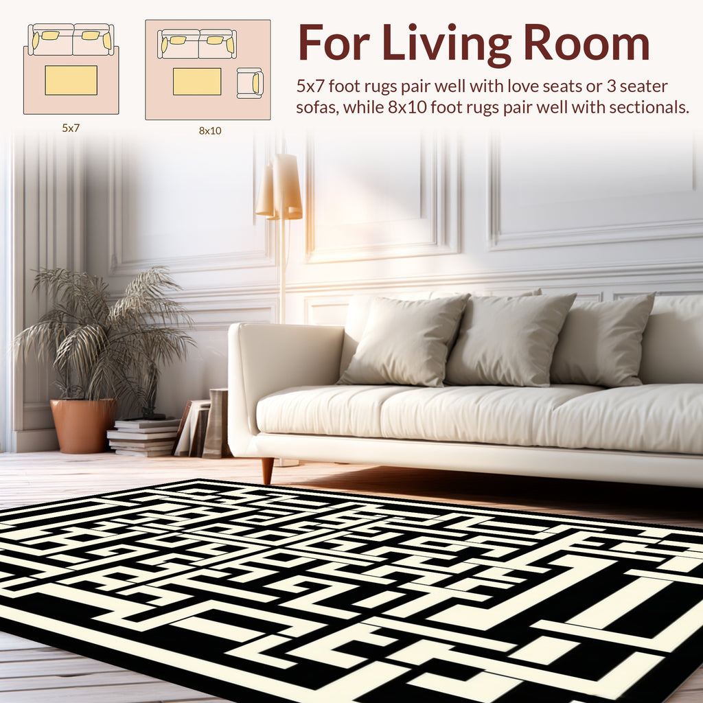 Black Cream Intricate Geometric Pattern Design Rug