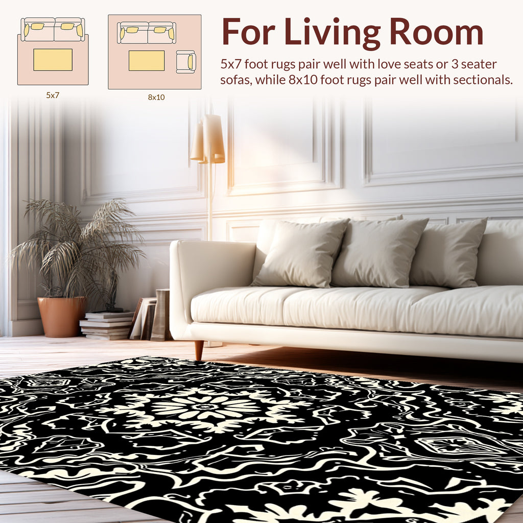 Intricate Black White Floral Pattern Rug