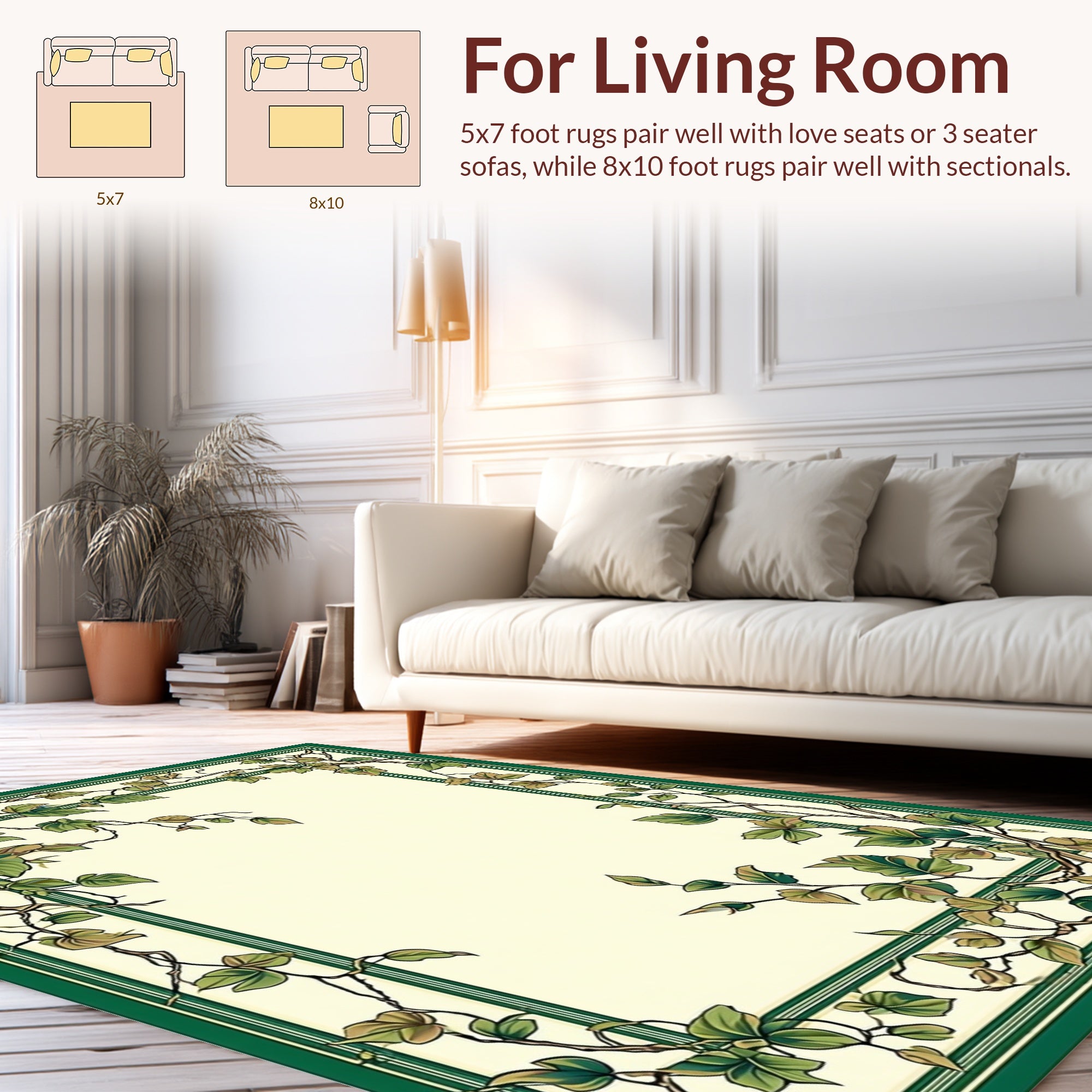 Vine Leaf Patterned Green Border Rug