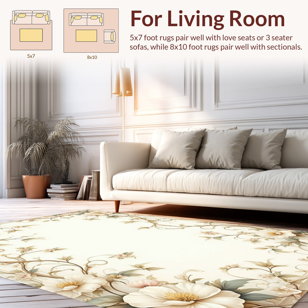 Elegant Cream Floral Vine Scroll Design Rug