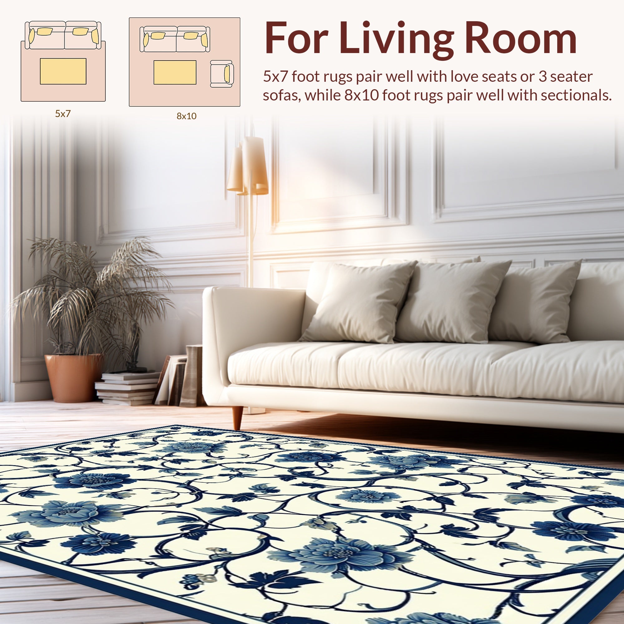 Classic Blue Floral Vine Pattern Rug