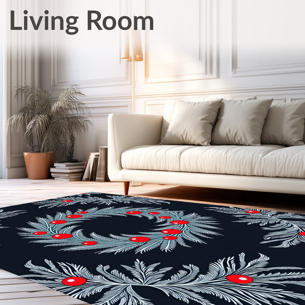 Festive Teal White Holly Berry Wreath Rug