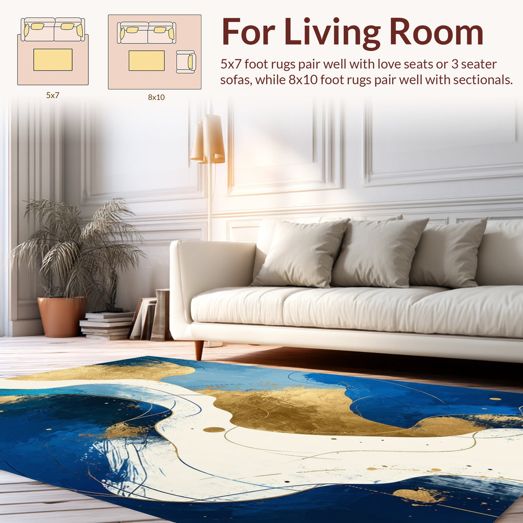 Blue Gold Abstract Waves Rug