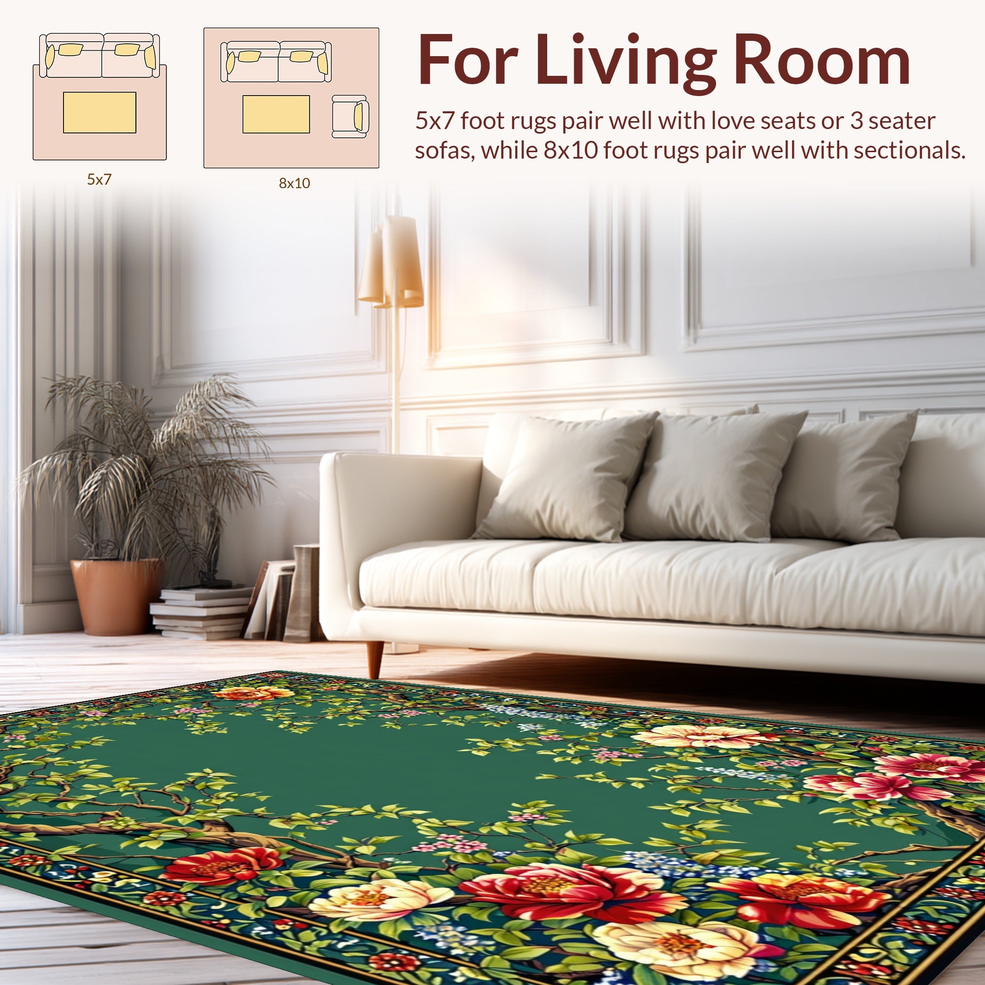 Emerald Green Floral Tree Branch Design Rug