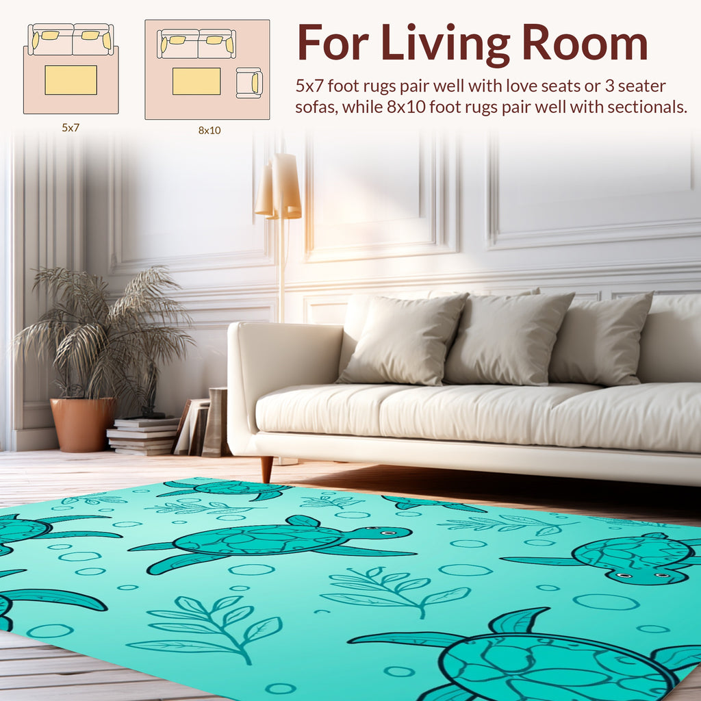 Playful Teal Turtle Seaweed Pattern Rug