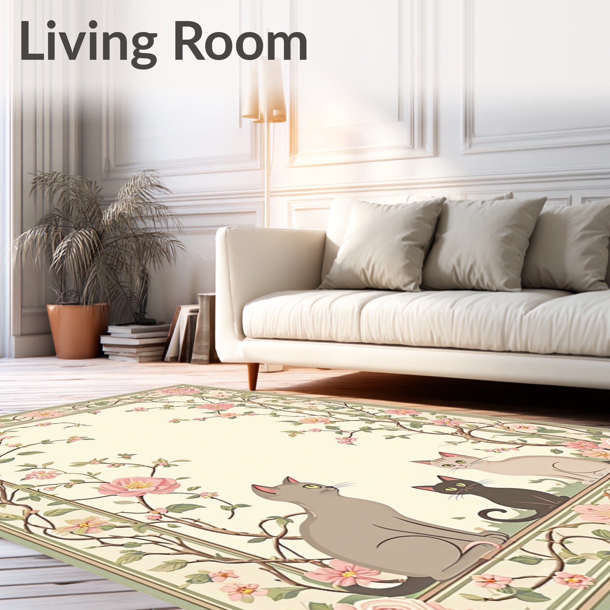 Whimsical Cats Pink Floral Border Rug