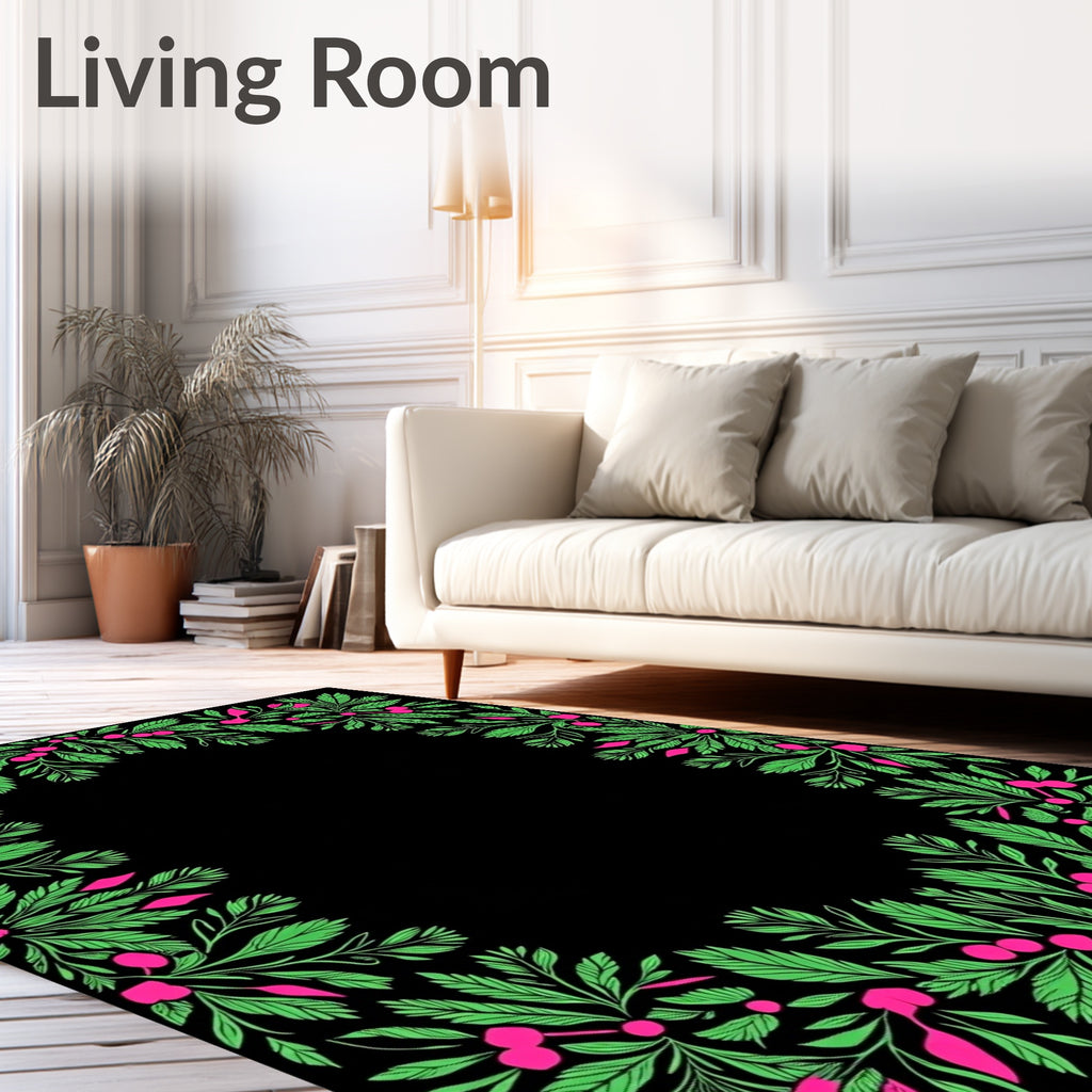 Vibrant Green Pink Berry Foliage Frame Rug