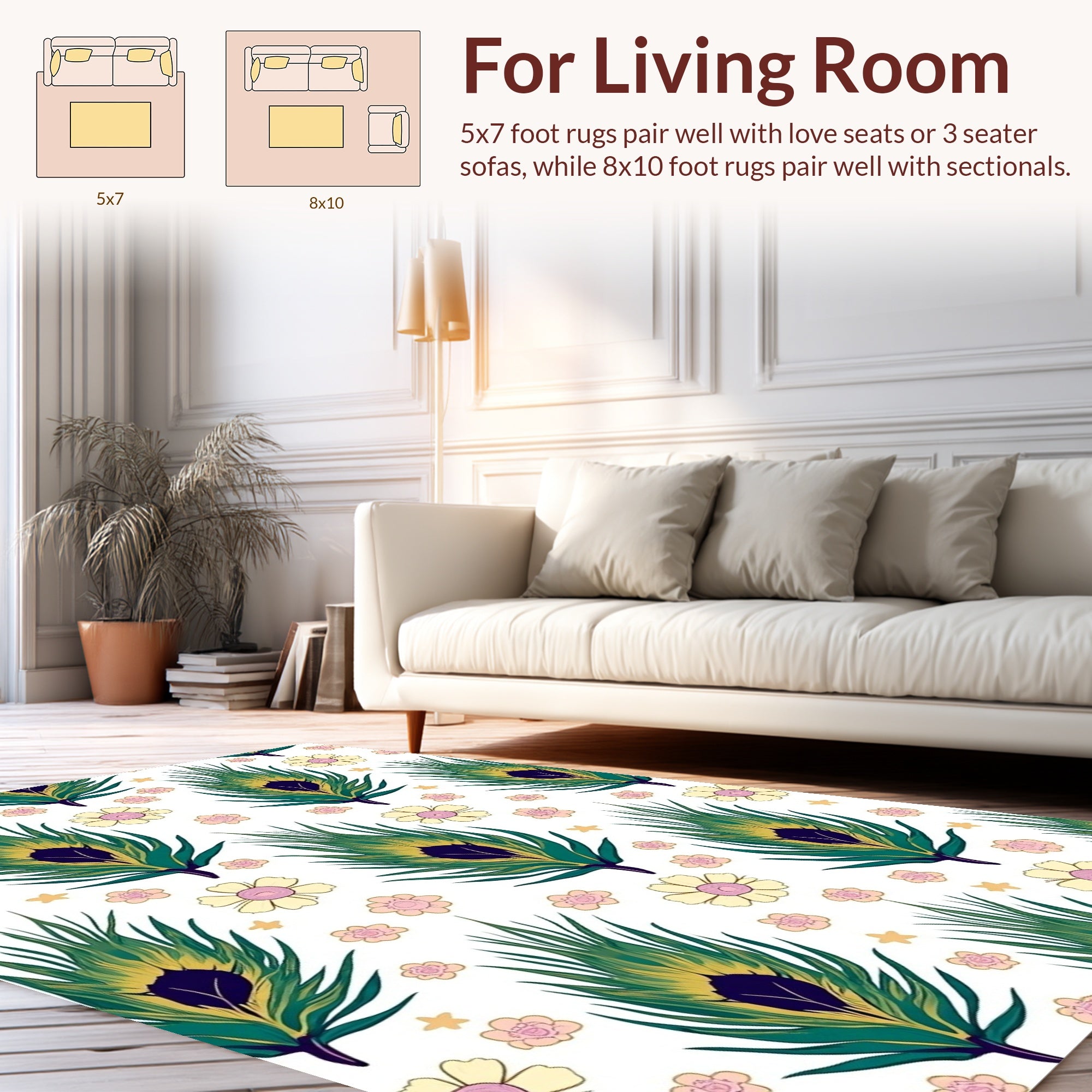 Whimsical Peacock Feather Floral Pattern Rug