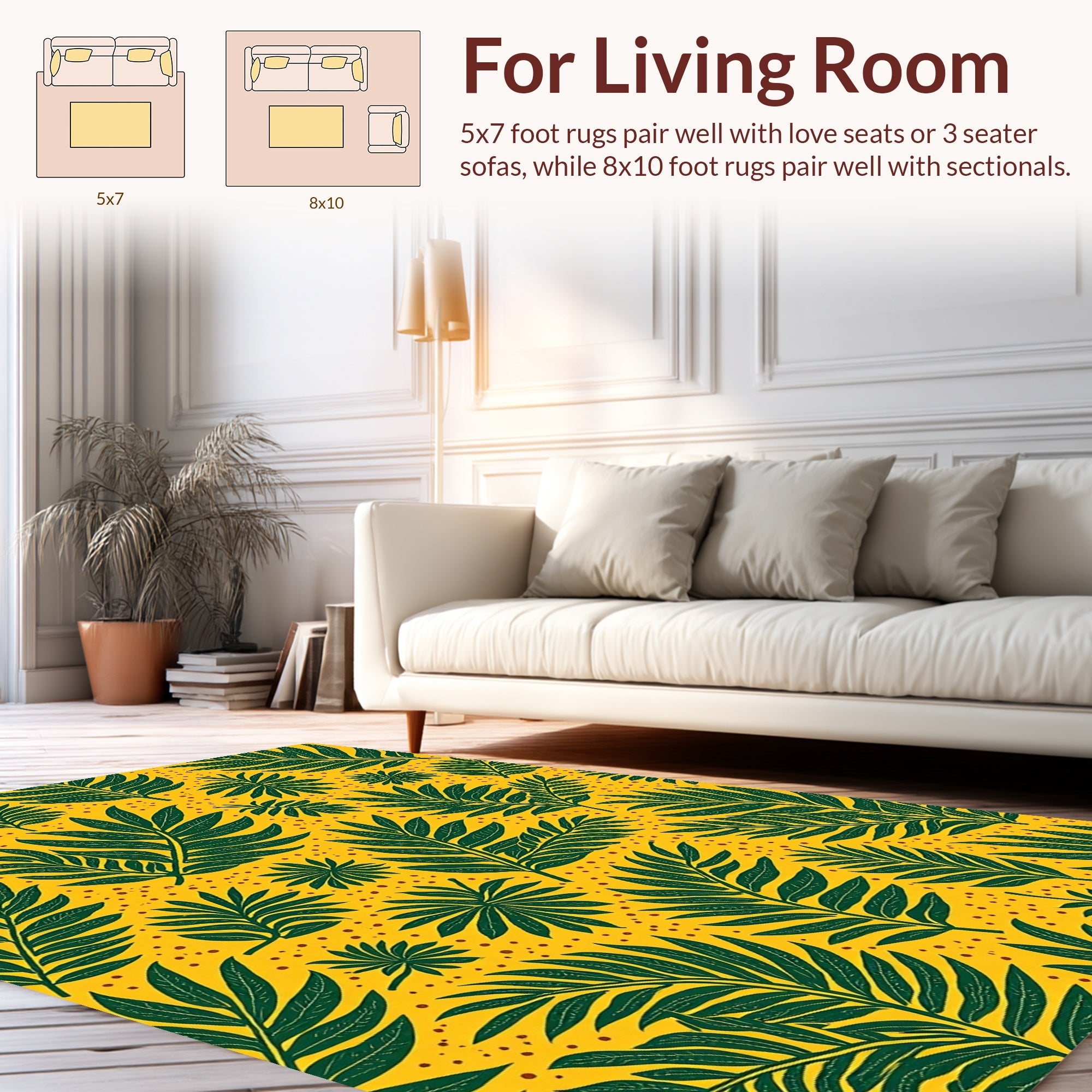 Tropical Leaf Patterned Yellow Rug
