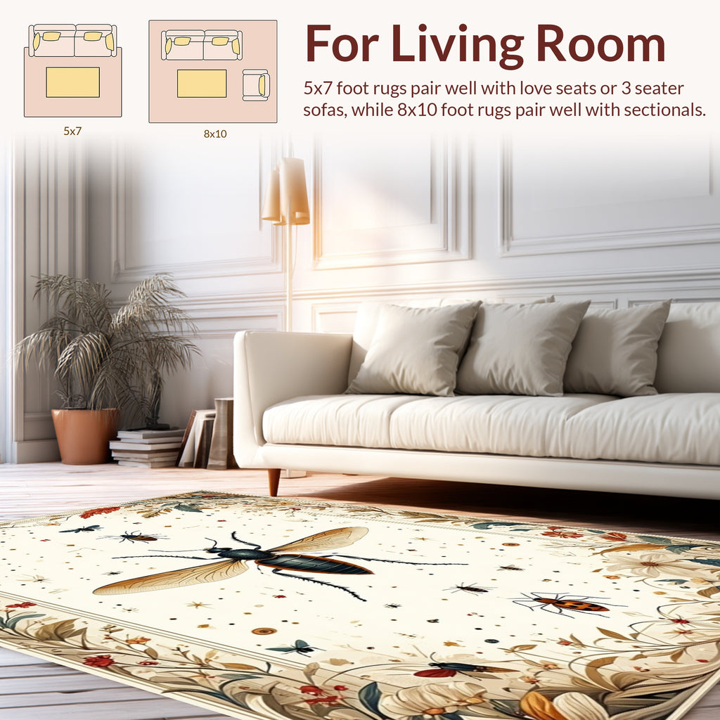 Vintage Insect Floral Natural Garden Art Rug