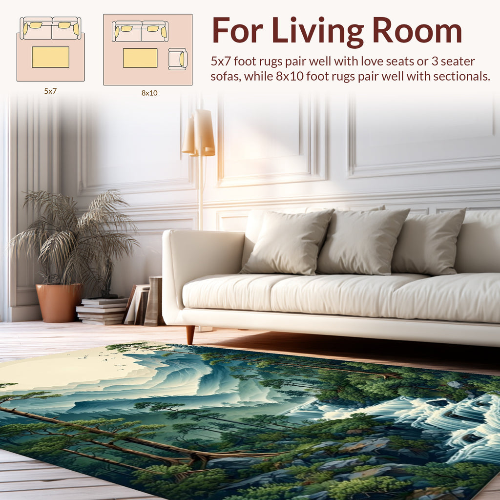 Misty Mountain Waterfall Landscape Scene Rug