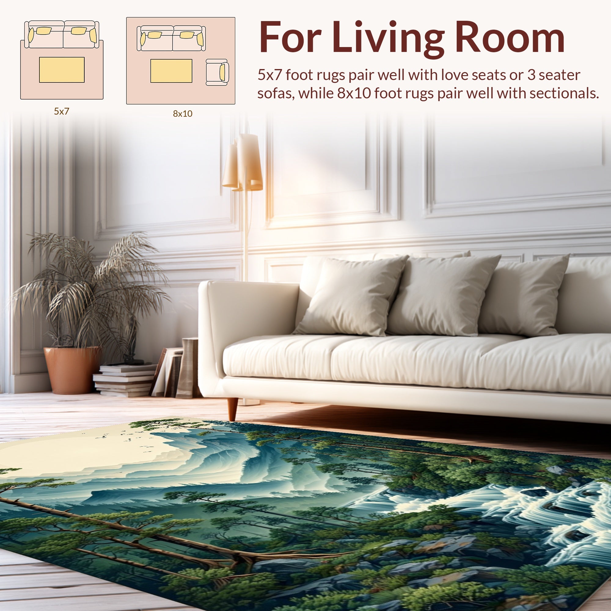 Misty Mountain Waterfall Landscape Scene Rug