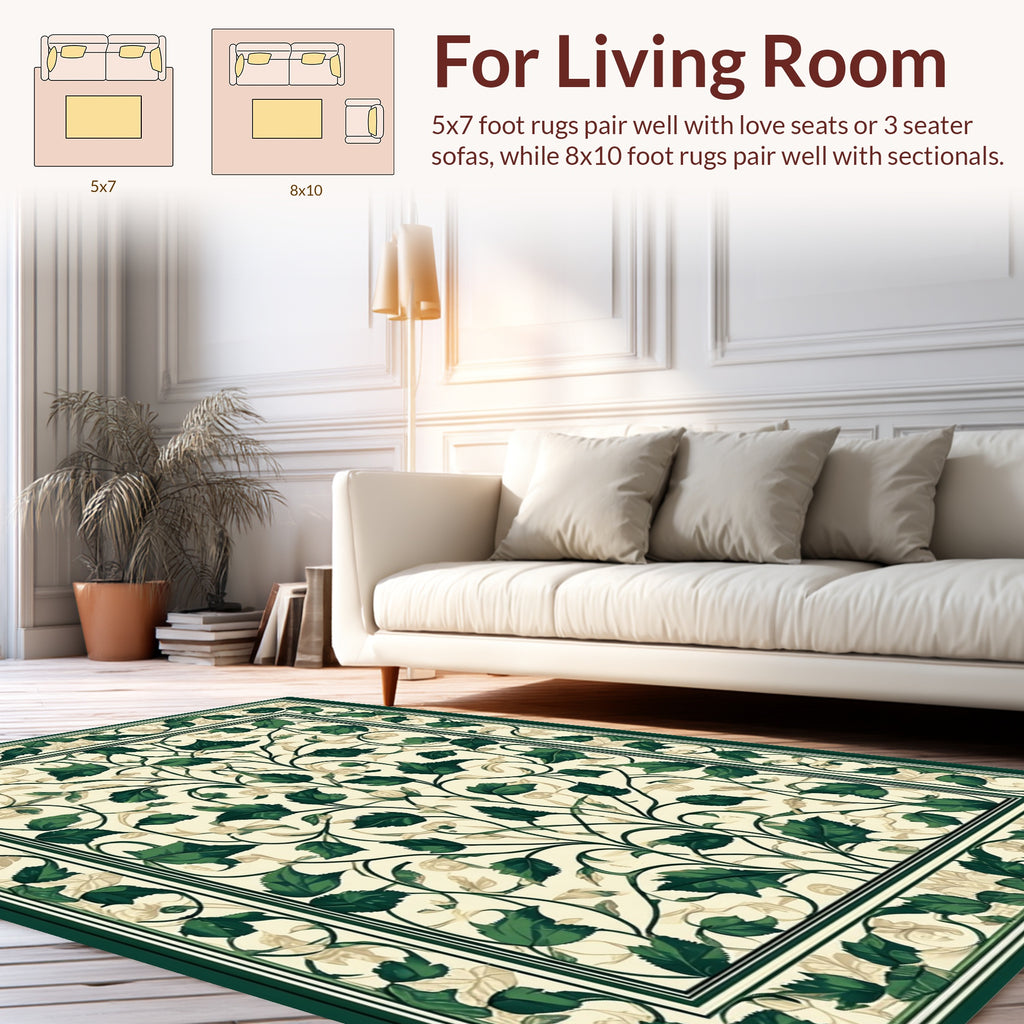 Ornate Green Leaf Botanical Pattern Rug