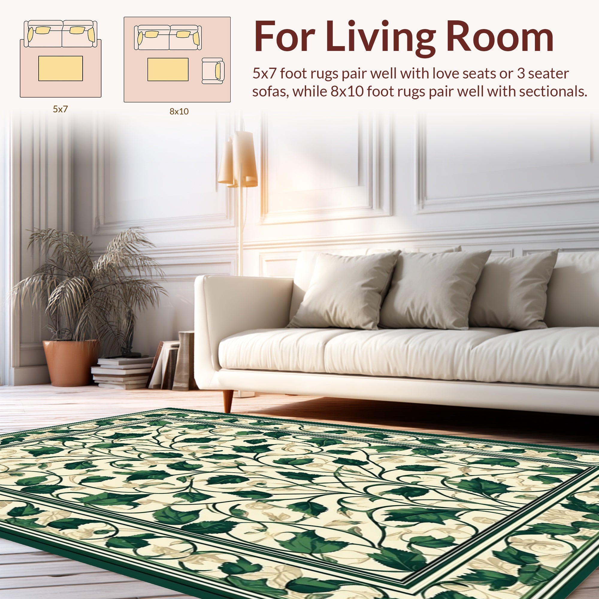 Ornate Green Leaf Botanical Pattern Rug