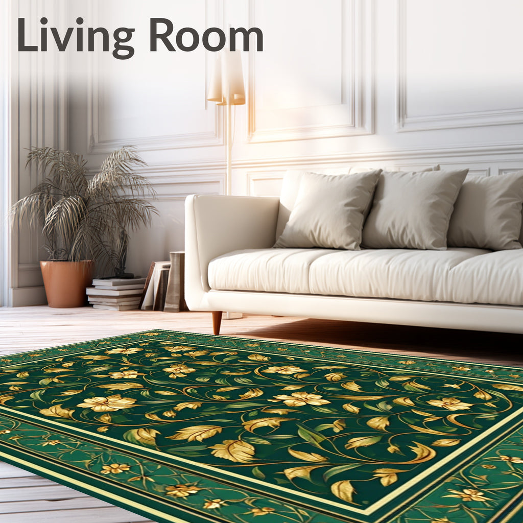 Gold Floral Leaf Dark Green Rug