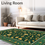 Gold Floral Leaf Dark Green Rug