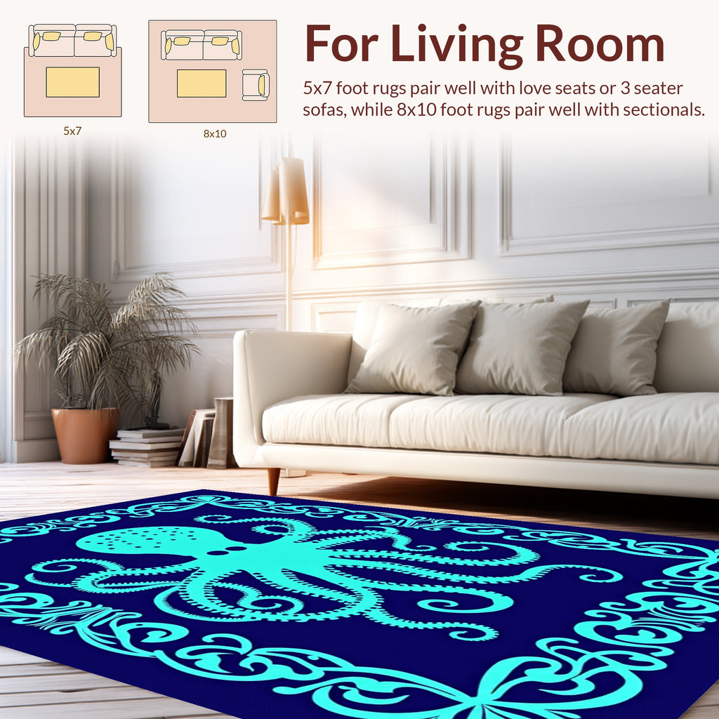 Aqua Octopus With Ornate Border Rug